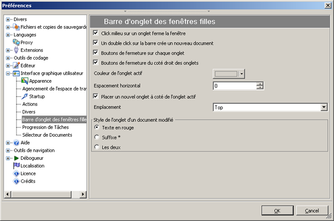 Onglets de fichiers ouverts